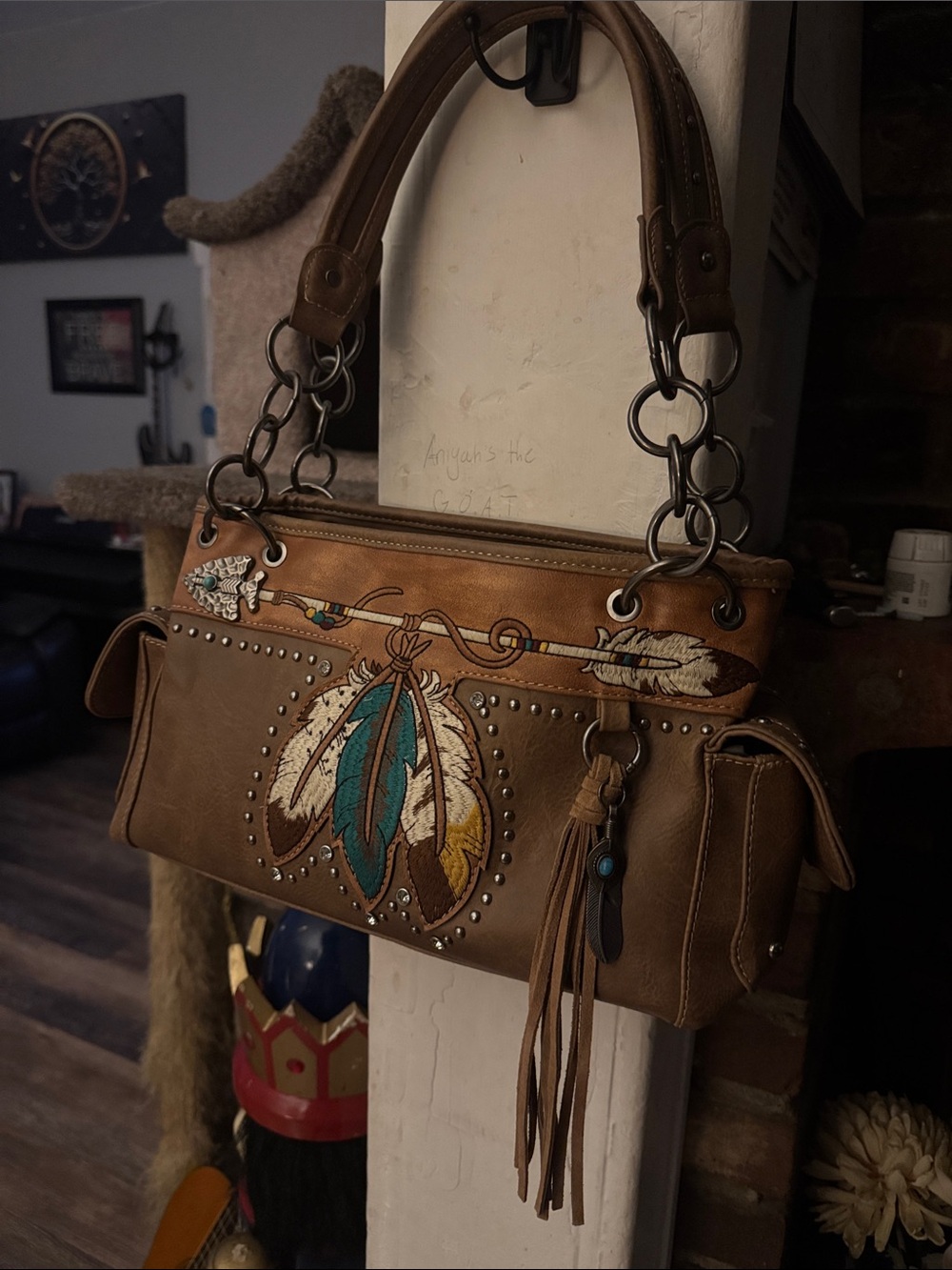 Tan Embroidered Feather Shoulder Bag with Stud and Tassel Detail - Picture 2 of 11